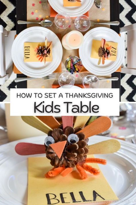 Easy Thanksgiving Table Decor For Kids Fancy Thanksgiving, Pinecone Turkey, Friendsgiving Ideas, Autumn Styles, Thanksgiving Kids Table, Thanksgiving Hostess, Thanksgiving Table Setting, Place Settings Thanksgiving, Paper Table Runner