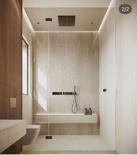 Bathroom Ideas Big Tiles, Wood Panel Powder Room, Standing Bathroom Ideas, Modern Ensuite Bathroom Ideas, Modern Tropical Bathroom, Nordic Bathroom Scandinavian Style, Japandi Style Bathroom, Guest Bathroom Design, Japandi Home