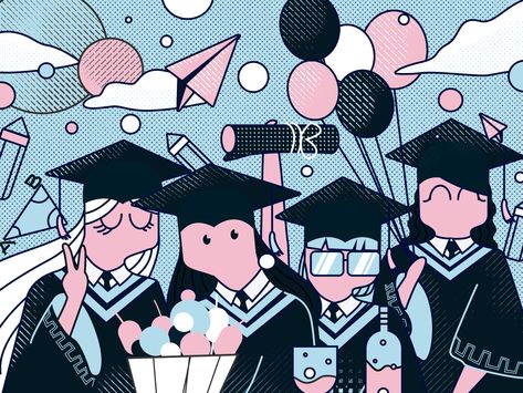 Graduation photo happy blue sky cloud balloon student pink blue girlfriend school graduation illustration #illustrations #design #blue #purple #red #neat #clean #dribbble #popular #colors #colours #art #creatives Graduation Art Illustration, Graduation Graphic Design, Graduate Illustration, Graduation Illustration, Memory Design, Graduation Art, Graduation Party Centerpieces, Blue Sky Clouds, Graduation Design