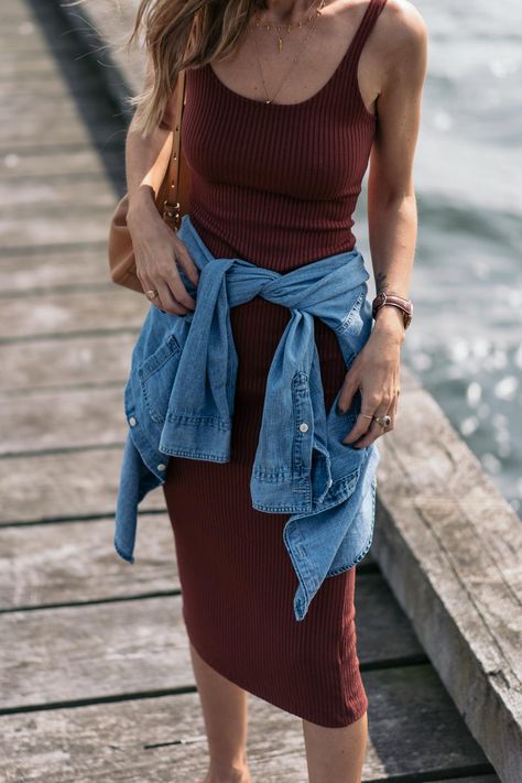 Tank Dress Outfit Summer, Dress And Denim Jacket Outfit, Southern Fits, Tank Dress Outfit, Dress And Denim Jacket, Thirty Flirty And Thriving, Tank Dresses Outfit, Body Con Dress Outfit, Denim Jacket Outfit