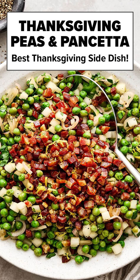 Thanksgiving peas and pancetta side dish. Christmas Veggie Sides Dishes, Recipes With Peas Dinners, Untraditional Thanksgiving Sides, Vegetable Recipes For Christmas Dinner, Christmas Ham Meal Sides, Side Dishes Holiday, Christmas Eve Sides Dishes, Side Christmas Dishes, Ina Garten Side Dishes