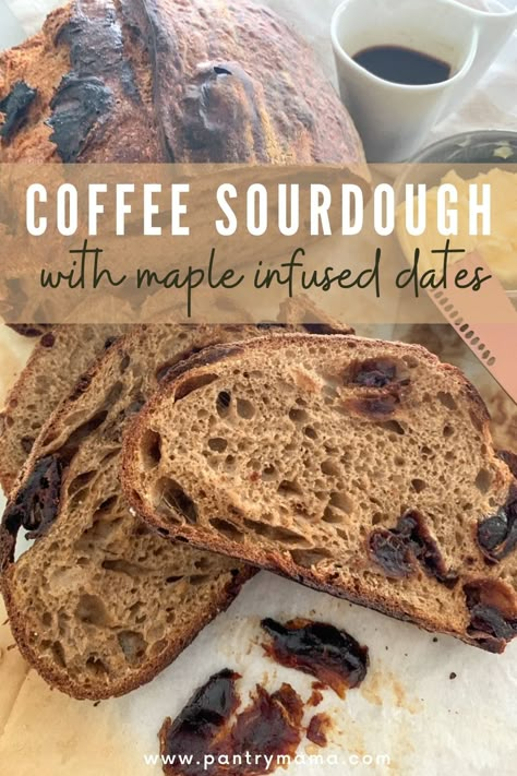 Coffee sourdough bread with maple infused dates - use coffee instead of water in this deliciously decadent sourdough coffee bread. Sourdough Bread Flavors, Sourdough Inclusions, Date Coffee, Recipes By Ingredients, Coffee Bread, Sourdough Starter Discard Recipe, Starter Recipes, Homemade Sourdough Bread, Sourdough Starter Recipe