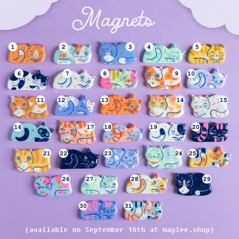 Cats incoming!  They will come in three categories: magnets, brooches and pin's. Make sure you remember your lucky number and... Cat Magnets, Clay Pins, Clay Idea, Air Dry Clay Ideas, Dry Clay Ideas, Painted Cat, Clay Keychain, Clay Magnets, Hand Painted Cat