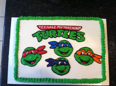 Ninja turtle cake! Ninja Turtle Sheet Cake Ideas, Ninja Turtle Sheet Cake, Ninja Turtle Birthday Theme, Turtle Cakes, Ninja Turtle Birthday Cake, 6th Birthday Cake, Tmnt Cake, Tmnt Birthday, 6th Birthday Cakes