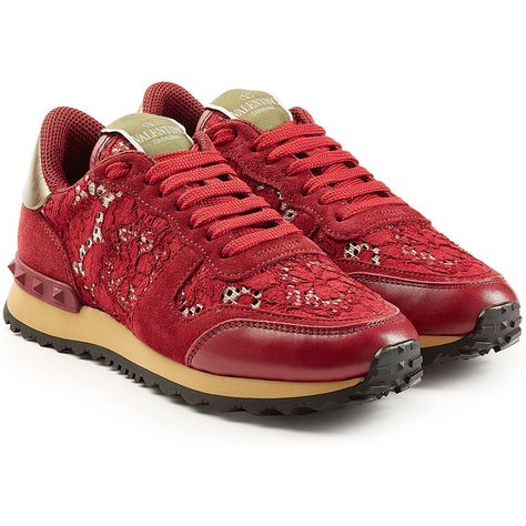 Valentino Rockrunner Leather and Lace Sneakers (11.775 CZK) ❤ liked on Polyvore featuring shoes, sneakers, red, valentino trainers, lace up sneakers, valentino sneakers, round cap and red leather sneakers Valentino Trainers, Red Leather Shoes, Shoe Story, Valentino Sneakers, Red Trainers, Chic Shoes, Lace Sneakers, Valentino Shoes, Red Sneakers