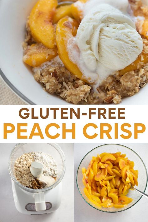 This gluten-free peach crisp is made with fresh, juicy peaches and a delicious crispy topping! The perfect gluten-free dessert for BBQs or summer entertaining. Gluten Free Peach Crisp, Peach Crisp Recipe, Best Gluten Free Desserts, Gluten Free Bagels, Easy Gluten Free Desserts, Peach Crisp, Dairy Free Breakfasts, Gluten Free Desserts Recipes, Gf Desserts