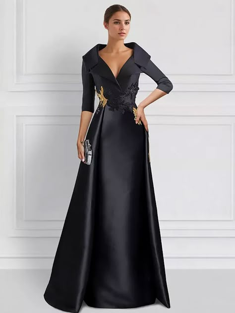 A-Line Evening Gown Elegant Dress Formal Floor Length 3/4 Length Sleeve Shirt Collar Satin with Appliques 2024 2024 - $118.9 Evening Gown With Overskirt, Princess Ball Gowns With Sleeves, Gala Dresses Modest, Evening Gowns Elegant 2024, Black Evening Gown With Sleeves, Dress For Brides Mother, Mother Of Groom Dresses Winter, Brides Mom Dress Classy Mothers, Tea Length Dresses Formal