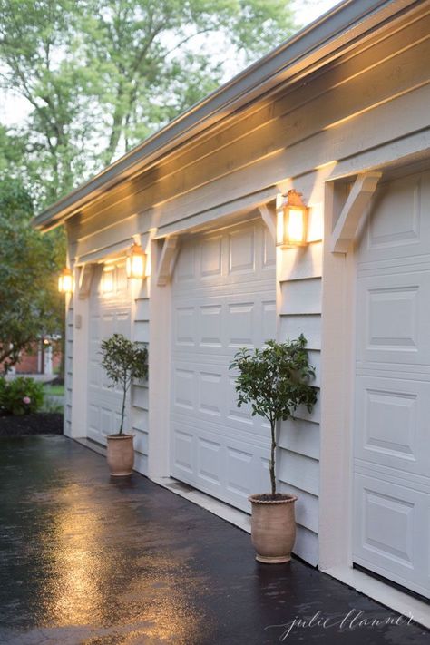 easy outdoor decorating and design via @julieblanner Outdoor Garage Lights, Diy Outdoor Lighting, Garage Exterior, Garage Makeover, Garage Lighting, Copper Lighting, Garage Ideas, Potted Trees, Garage House