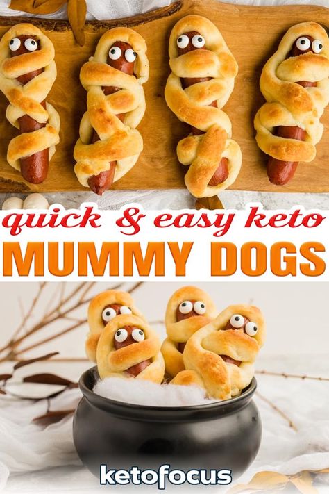 Keto mummy dogs are a fun meal to share this Halloween. Juicy all-beef, grass-fed hot dogs are wrapped in a ribbon of keto approved bread to create a keto bagel dog perfect for staying low-carb this Halloween. These adorable keto mummy dogs have to be on your table on Halloween night. They are so fun and easy to make. This is definitely a keto recipe you can get your kids involved with. | @ketofocus #ketohalloweenrecipes #ketokidfriendlyrecipes #ketofallrecipes #ketohalloween #ketohotdogs Keto Halloween, Keto Bagel, Mummy Dogs, Keto Holiday Recipes, Keto Bagels, Bagel Dog, Keto Holiday, Lchf Recipes, Low Carb Soup