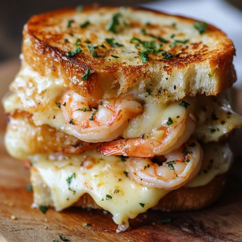 Elevated Comfort Food, Elevated Grilled Cheese, Cheesy Garlic Bread Shrimp Grilled Cheese, Grilled Food Ideas, Crab Grilled Cheese, Shrimp Sandwich Recipes, Breakfast Seafood, Creative Breakfast Ideas, Seafood Snacks