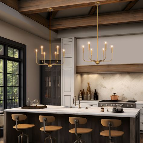 This 6-Light farmhouse mondern gold chandelier by Uolfin Lighting has a dark gold texture finish, full of a rustic feel. A Gold Chandelier Light Fixture with a candlestick is one of the typical transitional chandeliers on lowes.com. The dining room light fixture's graceful, seamless curvature and elongated tubular arms lend fluidity and modern appeal to this classic minimalist silhouette. The aged gold chandelier showcases minimalistic splendor crafted to achieve ultimate contemporary bliss with subtle details that draw the eye. The rustic metal chandelier body is bent upward by 6 branches to form a candle-shaped lamp holder. The minimalist foyer chandelier's arm can be rotated to adjust the angle you like, and the antique gold finish shows the taste of the homeowner. This kitchen island c Modern Farmhouse Island Lighting, Gold Light Fixture, Farmhouse Kitchen Lighting, Antique Candle Sticks, Kitchen Chandelier, Kitchen Island Chandelier, Classic Chandeliers, Transitional Chandeliers, Dining Room Light Fixtures