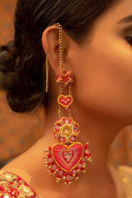 Buy Pink Beads Hand Embroidered Heart Dangler Earrings by Kanyaadhan By DhirajAayushi Online at Aza Fashions. Marriage Ornaments, Garba Jewellery, Contemporary Jewelry Earrings, Hand Embroidered Jewelry, Earrings Diy Handmade, Embroidered Earrings, Diy Jewellery Designs, Fabric Jewellery, Abstract Jewelry