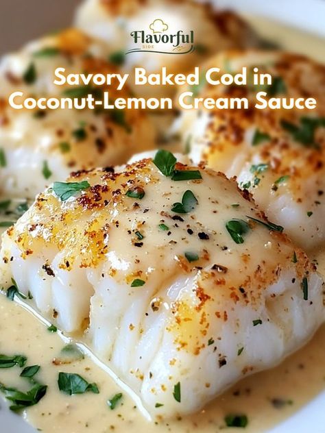 Cod With Lemon Cream Sauce, Cod In Cream Sauce, Cod With Lemon Butter Sauce, Baked Cod With Lemon And Garlic, Lemon Dill Cod Baked Fish, Lemon Cream Sauces, Lemon Cream, Savoury Baking, Cream Sauce