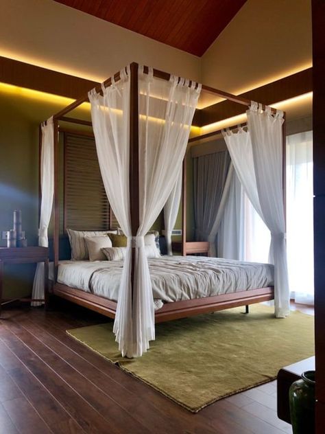 Indian Aesthetic Room, Dark Wood Bedroom, French Style Bed, Canopy Bed Curtains, Indian Bedroom, Linen Gauze, Bed Design Modern, Style Bed, Four Poster Bed