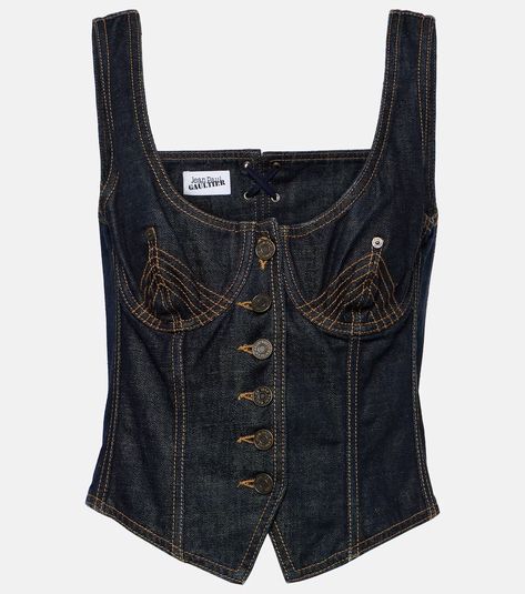 Denim bustier in blue - Jean Paul Gaultier | Mytheresa Jean Paul Gaultier Corset, Gaultier Corset, Jean Paul Gaultier Denim, Denim Bustier, Corset Fashion, Corset Crop Top, Fashion Deals, Bustier Top, Paul Gaultier