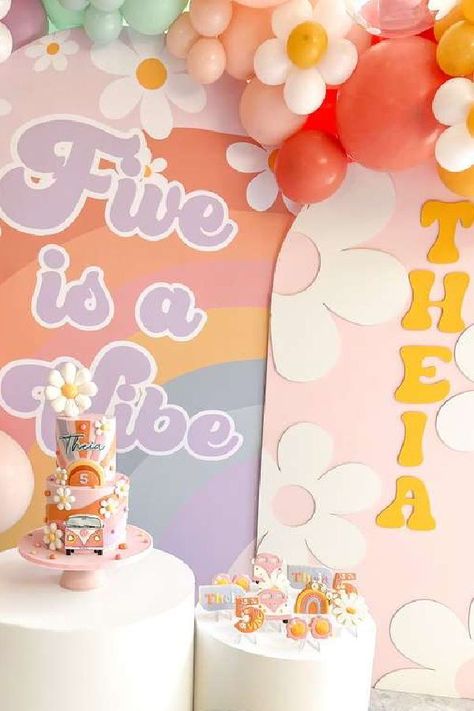 Check out this groovy retro birthday party! Love the dessert table! See more party ideas and share yours at CatchMyParty.com Retro Birthday Parties, Dessert Table Backdrop, Dessert Table Decor, Girls Birthday Party Themes, Retro Birthday, Retro Party, Girls Party, Girl Party, Girl Birthday Party