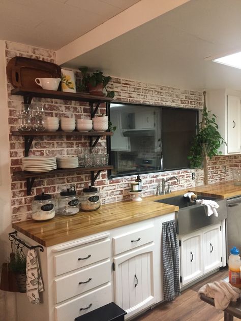 Brick Laminate Wall, Kitchen Ideas With Brick Backsplash, Brick Backsplash Kitchen Butcher Block, Small Kitchen With Brick Backsplash, Rustic Farm Kitchen Decor, Rustic Farmhouse Kitchen Backsplash Brick, Faux Brick Kitchen Wall, Kitchen With Faux Brick Wall, Faux Brick Wall Backsplash