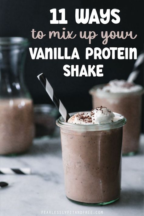 These 11 recipes took my vanilla protein shake from bland to really yummy without adding too much extra time! The Snickerdoodle recipe is my favorite! Vanilla Protein Recipes, Vanilla Protein Powder Smoothie, Vanilla Protein Shake Recipes, Vanilla Shake Recipes, Protein Powder Smoothie Recipes, Protein Powder Recipes Shakes, Vanilla Smoothie Recipes, Premier Protein Recipes, Premier Protein Shake