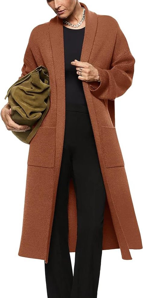 Womens Long Sleeve Maxi Cardigan Open Front Oversized Knitted Sweater Coat Casual Lapel Warm Overcoat with Pockets Stone Grey at Amazon Women’s Clothing store Long Cardigans For Women, Oversized Knitted Sweater, Vacation Shopping, Ladies Cardigan, Plain Sweaters, Long Cardigans, Business Wardrobe, Cardigan Oversized, Maxi Cardigan