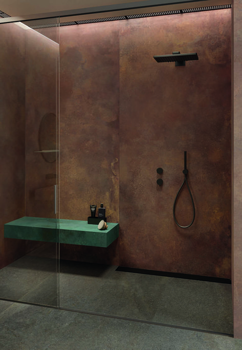 Wabi Sabi Bathroom, Tuscan Interior, Hall Tiles, Materials Board Interior Design, Copper Interior, Copper Tiles, Retro Interior Design, Copper Bathroom, Sauna Design