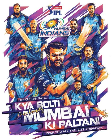 Illustration, Graphic Design, Branding, Adobe Photoshop sports graphics cricket IPL Mumbai Indians Ipl, Indian Logo, Office Wall Design, Ipl 2020, Dj Logo, Virat Kohli Instagram, Indian Illustration, India Cricket Team, Naruto Sketch Drawing