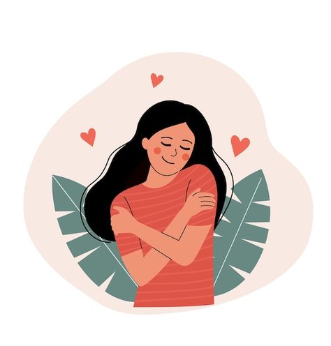 Hugging Yourself Illustration, Self Confidence Illustration, Nid Drawings, Happiness Drawing Ideas, Woman Hugging Herself, Happiness Icon, Laughing Illustration, Self Care Illustration, Cartoon Faces Expressions