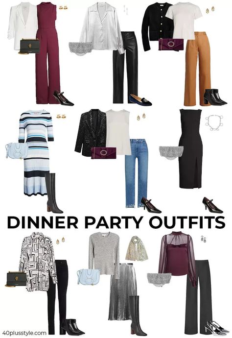 Dinner party outfits | 40plusstyle.com Outfit For Work Party, Cocktail Outfits For Women, Dinner Party Outfit Classy, Dinner Party Outfit Ideas, Work Event Outfit Evening, Evening Dinner Outfit, Formal Dinner Outfit, Dinner Outfits For Women, Dinner Party Outfit