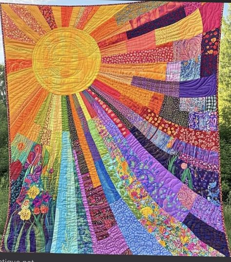 Sun Quilt, Quilt Pillow Case, Abstract Quilt, Quilted Blanket, Place Mats Quilted, Quilt Art, Landscape Quilts, Colorful Quilts, Quilted Table Runner