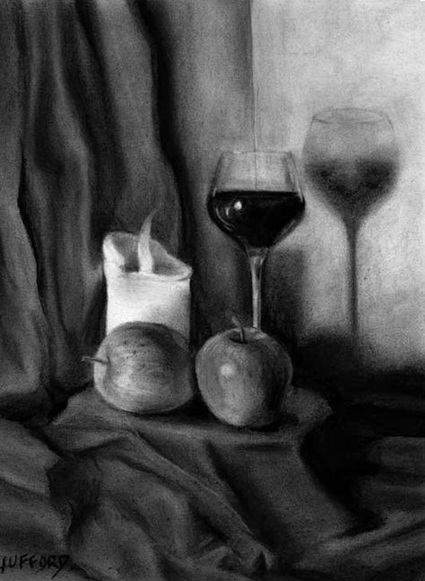 Charcoal - still life Still Life Charcoal Sketch, Charcoal Still Life Drawing, Life Drawing Charcoal, Charcoal Still Life, Charcoal Artwork, Drawings Tutorials, Charcoal Sketch, Sketches Tutorial, Still Life Drawing