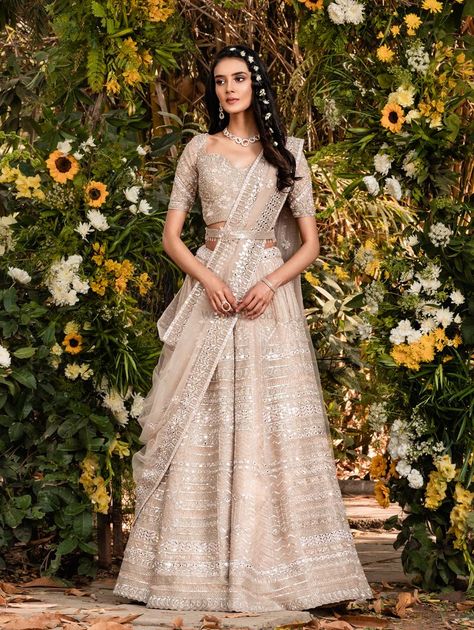 Taupe organza lehenga with mirrors by Asopalav Asopalav Lehenga, Lengha Designs, Partywear Lehenga, Wedding Lehenga Choli, Bridal Lehenga Online, Lehenga Crop Top, Mirror Work Lehenga, Organza Lehenga, Lehenga Choli Wedding