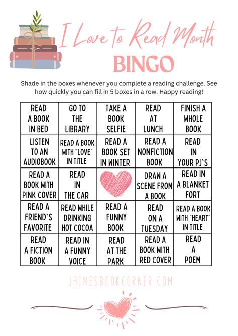 I Love to Read Month BINGO Printout – Jaime's Book Corner I Love To Read Month Preschool, I Love To Read Month Activities, February Library Programs, March Is Reading Month Ideas, I Love To Read Month Ideas, March Is Reading Month Themes, Reading Bingo For Kids, Reading Month Activities, Reading Month Ideas