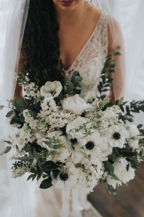 36 Black, Green and White Wedding Color Ideas for Spring | My Deer Flowers Greenery Wedding Bouquet, White Flower Bouquet, Green Bouquet, Winter Wedding Flowers, White Wedding Bouquets, White Wedding Flowers, White Peonies, White Bouquet, Wedding Flower Arrangements