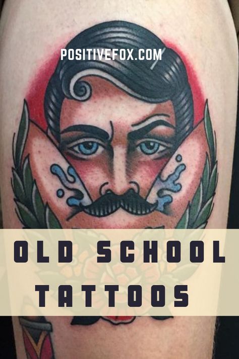 Previous College Tattoos -Conventional American Tattoos with a Sense of Irony- #American #Irony #School #Sense #Tattoos #Traditional Check more at https://howcandothis.com/manstyle/previous-college-tattoos-conventional-american-tattoos-with-a-sense-of-irony-2/ Best American Traditional Tattoos, Traditional Thigh Tattoos Men, Old Fashioned Tattoo Ideas, Old Man Tattoo Design, Old School Tattoo Man, Old School Tattoo Men Ideas, Mixed Tattoo Styles Sleeve, Colored Tattoo For Men, Traditional Tattoo Art Men