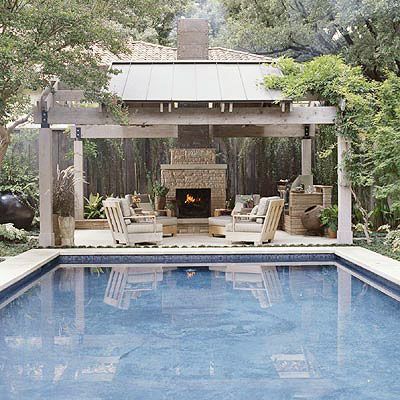 Now that's nice.  Rectangular pool, easy to cover, hill country looking outdoor sitting room...I could see that working out quite nicely. Living Pool, Outdoor Pavilion, Pool Cabana, Rectangular Pool, Garden Structures, Outdoor Kitchen Design, Pool Patio, Outdoor Fireplace, Outdoor Rooms