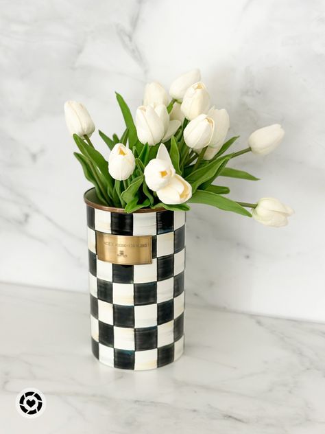 Mackenzie Childs Vase, 2023 Apartment, Home Decor Spring, Striped Vase, Vase White, White Tulips, Decor Spring, Faux Florals, Mackenzie Childs