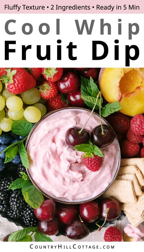 Looking for a creamy and delicious fruit dip that’s quick to make? Look no further than this fluffy Cool Whip fruit dip! This rich and satisfying Cool Whip cream cheese fruit dip is the easiest, quickest snacks you’ll ever make.  You only need 2 ingredients and 5 minutes to whip up the easy recipe. This dip goes perfectly with all your favorite fruits and adds a pretty pop of color to your fruit platter. Serve it chilled on a colorful fruit tray for a refreshing treat! | CountryHillCottage.com Cool Whip Fruit Dip, Sweet Dips Recipes, Strawberry Cheesecake Dip, Easy Fruit Dip, Fruit Dip Recipe, Cream Cheese Fruit Dip, Easter Fruit, Salad Meals, Fruit Dips Recipes