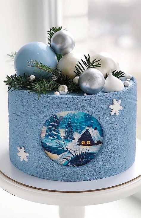 19. Blue Winter Cake As the nights draw in, retreat to the warmth of the kitchen and bake sweet treats with all the flavours... Christmas Cake Designs, New Year's Cake, Christmas Cake Decorations, Xmas Cake, Pink Wedding Cake, Winter Cake, Amazing Wedding Cakes, Wedding Cake Rustic, Wedding Cakes Vintage