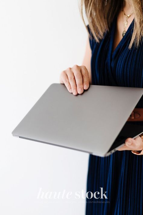 Airy blue workspace stock photos for women business owners featuring woman in navy dress holding laptop. #hautestock #workspace #stockphotography #styledstockphotography #femaleentrepreneur #blogger #socialmedia #graphicdesign #blue #airy Library Photography, Feminine Business, Model Shots, Brand Photography Inspiration, Feminine Branding, Brand Stylist, Marketing Graphics, Styled Stock Photography, Visual Marketing