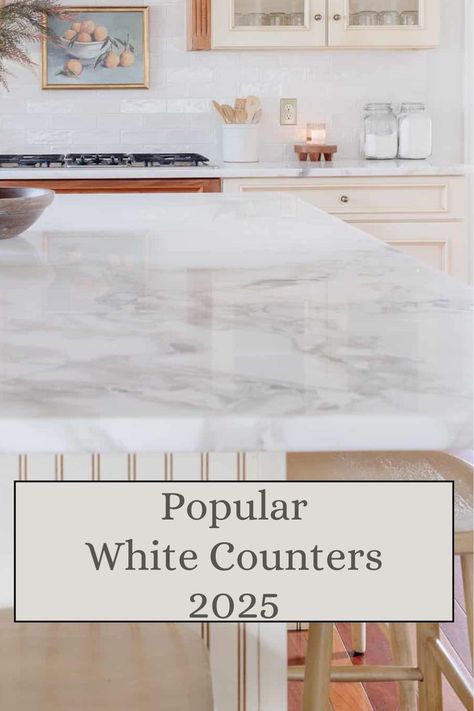 White kitchen countertops never go out of style! From off-white tones to bright white granite and classic marble, these countertops will elevate any kitchen space. Perfect for adding light and elegance, white countertops create a clean, modern vibe. Explore our favorite white kitchen countertop ideas and bring your dream kitchen to life Stratus White Quartz Countertops Kitchen, White Kitchen Counters Quartz, White Kitchen Countertops Granite, Beautiful Quartz Countertops, White Santorini Quartzite, Ice Flake Quartzite, Timeless Quartz Countertops, Quartz Countertops For White Cabinets, Calacatta Marble Countertops