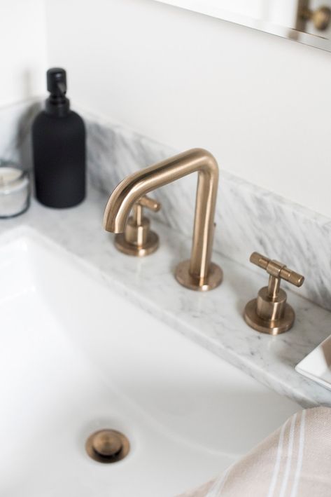 Brushed Nickel Faucet Bathroom, Brushed Nickel And Brass Bathroom, Brushed Bronze Bathroom, Bathroom Plumbing Fixtures, Brizo Litze, Brass Bathroom Fixtures, Bronze Bathroom Fixtures, Kohler Bathroom Faucet, Room For Tuesday