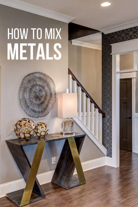 Decorate Walls In Living Room, Mixed Metals Kitchen, Mixed Metals Decor, Metal Interior Design, Metal Bedroom, Metal Living Room, Patterned Rugs, Printed Wallpaper, Living Room Curtains