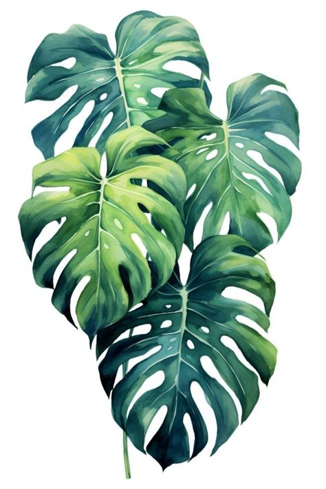 Monstera Illustration Drawings, Monstera Leaf Wall Art, Watercolor Art Monstera, Plant Leaves Painting, Monstera Leaves Painting, Flowers And Leaves Painting, Leaf Drawing Reference, Different Leaves Drawings, Painted Monstera Leaves