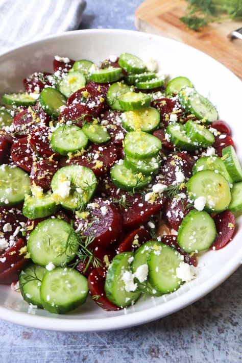 white bowl with beet cucumber salad topped with lemon zest, fresh dill, and feta cheese Beet And Cucumber Salad, Cucumber Beet Salad, Beet Salad With Feta, No Carb Food List, Beet Salad Recipes, Fresh Beets, Beetroot Salad, Beet Recipes, Pickled Beets