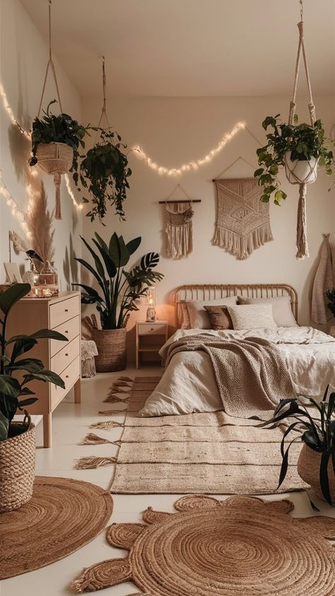 Light And Airy Boho Bedroom, Boho Floating Bed, Soft Boho Bedroom, Boho Bedroom Beige, Cream Boho Bedroom, Beige Wall Bedroom Ideas, Zen Room Ideas Bedrooms, Boho Vanity Ideas, Boho Guest Bedroom Ideas