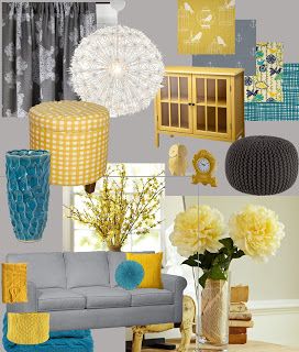 Teal, yellow, and gray -- lovin' this color combo! Living Room Design Board, Brown Living Room Decor, Teal Living Rooms, Room Colours, Yellow Living Room, Trendy Living Rooms, Room Color Schemes, Brown Living Room, Brown Sofa