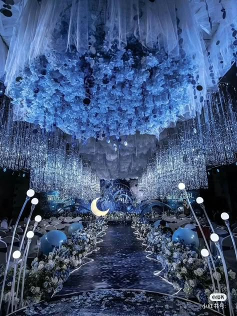 Shades Of Blue Wedding, Corpse Bride Wedding, Debut Theme, Wonderland Wedding Theme, Galaxy Wedding, Debut Ideas, Starry Night Wedding, Dream Wedding Reception, Wedding Stage Design