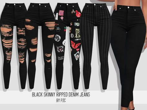 Black jeans with zero distressing, mild distressing, lots of distressing, grey and black stripes, and novelty patches Sims 4 Cc Black Ripped Jeans, Sims 4 Cc Black Jeans, Sims 4 Black Jeans, Black Jeans With Patches, Sims 4 Stacked Jeans, Sims 4 Cc Ripped Jeans Patreon, Ts4 Cc Jeans, Sims 4 Afro Hair, Alpha Cc