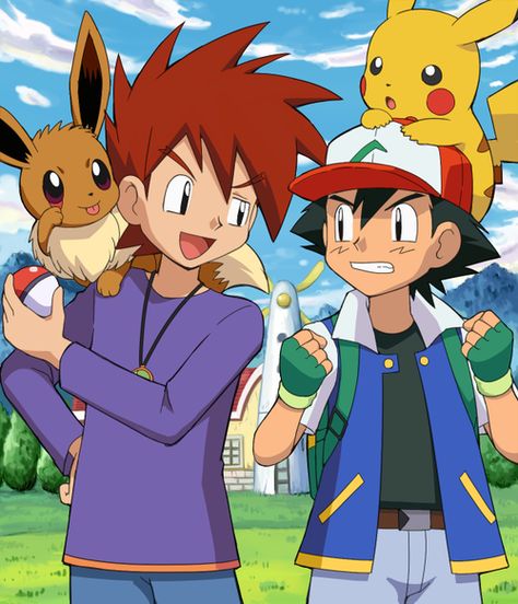 Ash x Gary/ Satoshi x Shigeru I love how similar in style this is to the anime- it looks so real. XD Credit goes to original artist Pokémon Gary, Gary X Ash, Gary Pokemon, Ash E Pikachu, Pokemon Indigo League, Pokemon Ash And Misty, Pokemon Show, Pokemon Design, Gary Oak