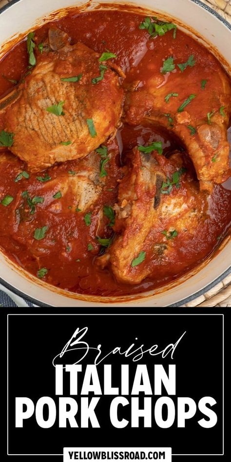 Italian Pork Chops are tender and juicy, braised in a rich and flavorful tomato sauce made with crushed tomatoes and fresh basil. Pork Chop Recipes Tomato Sauce, Pork Chops In Tomato Gravy, Pork Chop Tomato Sauce, Pork Chops With Tomato Sauce, Sicilian Pork Chops, Pork Chops With Tomatoes And Onions, Pork Chops In Tomato Sauce Recipes, Recipe Using Spaghetti Sauce, Italian Pork Chops