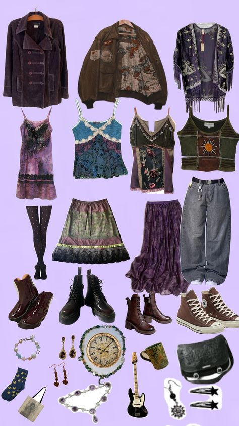 I want to be somthing when I grow up #purple #outfit #wimsy #outfitboard #aeathetic Purple Hippie Outfit, Purple Witchy Outfit, Purple Fairycore Outfit, Green And Purple Outfit Aesthetic, Colorful Hippie Outfits, Whimsigothic Style, Purple And Green Outfit, Green And Purple Outfit, Whimsi Goth